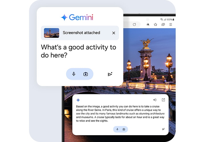 Google Gemini 로고. Google Gemini에 스크린샷을 첨부하여 질문합니다. '여기서 하면 좋은 활동이 뭐냐'고 물으면 Gemini는 스크린샷의 내용을 설명하는 답변을 내놓고 가장 좋은 활동을 추천합니다.