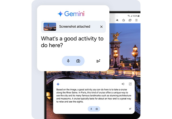 Google Gemini 로고. Google Gemini에 스크린샷을 첨부하여 질문합니다. '여기서 하면 좋은 활동이 뭐냐'고 물으면 Gemini는 스크린샷의 내용을 설명하는 답변을 내놓고 가장 좋은 활동을 추천합니다.