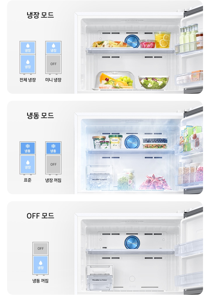 냉동실을 기준으로 냉장 모드/냉동 모드/OFF 모드가 나와있는 이미지 입니다. 냉장 모드-냉동실 안에 과일과 채소 등 각종 냉장 식품이 들어있는 연출 이미지 입니다. 냉동실 내상컷 좌측에는 냉동실과 냉장실이 모두 냉장 모드인 전체 냉장 문구와 냉장고 일러스트, 냉동실은 냉장 모드, 냉장실은 OFF 상태인 미니 냉장 모드 문구와 일러스트가 나와있습니다. 냉동 모드-냉동실 안에 아이스크림과 아이스메이커 등 각종 냉동식품이 들어있는 연출 이미지 입니다. 냉동실 내상컷 좌측에는 냉동실은 냉동 모드, 냉장실은 냉장 모드인 표준 문구와 냉장고 일러스트, 냉동실은 냉동 모드, 냉장실은 OFF 상태인 냉장 꺼짐 문구와 냉장고 일러스트가 나와있습니다. OFF 모드-비어있는 냉동실 내상컷이 나와있습니다. 내상컷 좌측에는 냉동실은 OFF 상태, 냉장실은 냉장 모드인 냉동 꺼짐 문구와 냉장고 일러스트가 나와있습니다.
