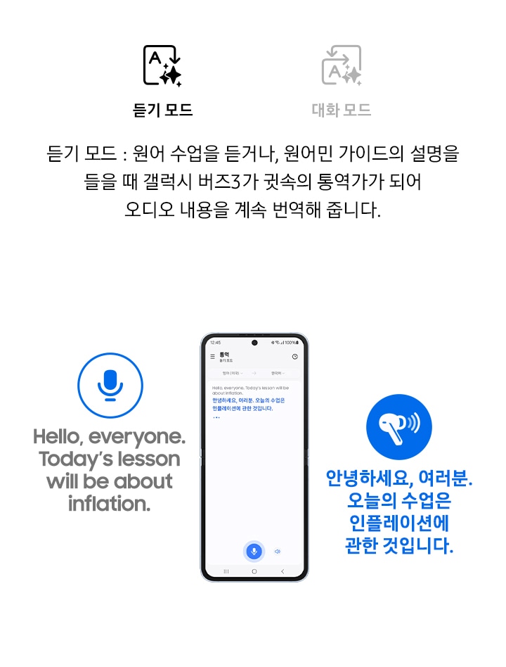 갤럭시 Z 플립6의 화면에 통역 앱이 열려있습니다. 왼쪽에 마이크 아이콘, 오른쪽에 이어버드 아이콘이 있고 듣기 모드로 되어 있습니다.