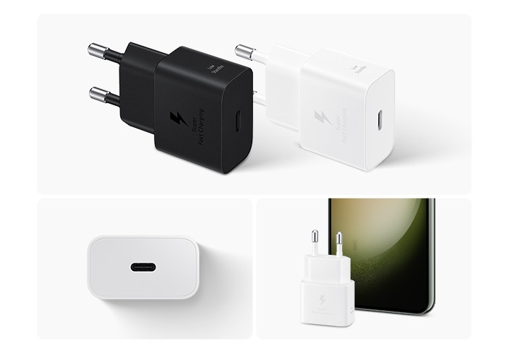 충전기의 이미지가 3분할로 나뉘어 있으며, 위에는 블랙 / 화이트 색상의 충전기 이미지가 보여집니다. 아래 왼쪽에는 위에서 내려다본 이미지가 보여집니다. 아래 오른쪽에는 충전기가 세워져 있으며 뒤에 핸드폰이 있는 이미지가 보여집니다.