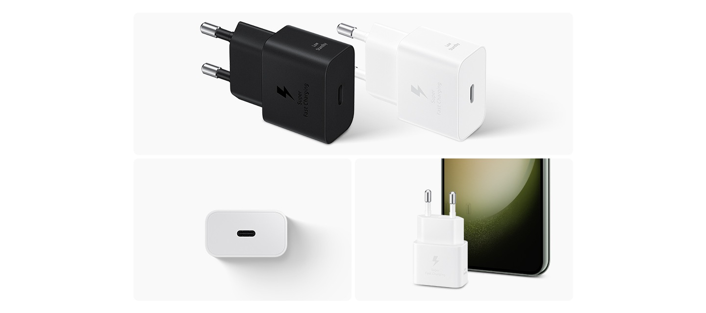 충전기의 이미지가 3분할로 나뉘어 있으며, 위에는 블랙 / 화이트 색상의 충전기 이미지가 보여집니다. 아래 왼쪽에는 위에서 내려다본 이미지가 보여집니다. 아래 오른쪽에는 충전기가 세워져 있으며 뒤에 핸드폰이 있는 이미지가 보여집니다.