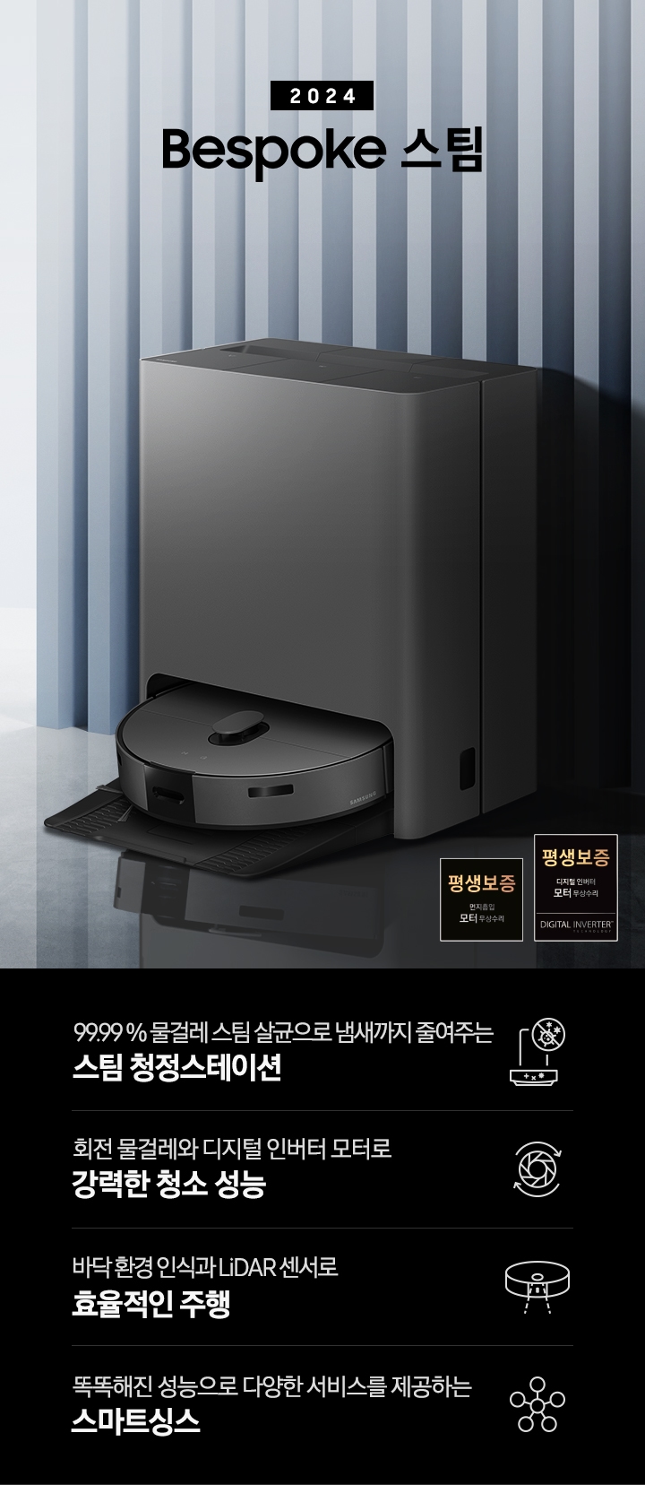 중앙 좌측에 2024 BESPOKE 스팀 문구가 나와있는 연출 인테리어컷 입니다. 이미지우측 푸른색 템바보드 벽 앞에 BESPOKE 스팀 제품이 설치되어 있습니다. 이미지 우측 하단에는 평생보증 디지털 인버터 모터 무상수리 로고가 나와있습니다. 인테리어컷 하단에는 4POD가 나와있습니다. 좌측부터 99.99 % 물걸레 스팀 살균으로 냄새까지 줄여주는 스팀 청정스테이션 문구와 스팀 아이콘+세균 금지 아이콘, 회전물걸레와 디지털 인버터 모터로 강력한 청소 성능 문구와 모터가 회전하는 아이콘, 바닥 환경을 인식하고 장애물도 회피하는 정확도 높은 주행 문구와 스팀이 사물을 인식하는 아이콘, 똑똑해진 성능에 다양한 서비스를 제공하는 스마트싱스 문구와 스마트싱스 아이콘이 나와있습니다.