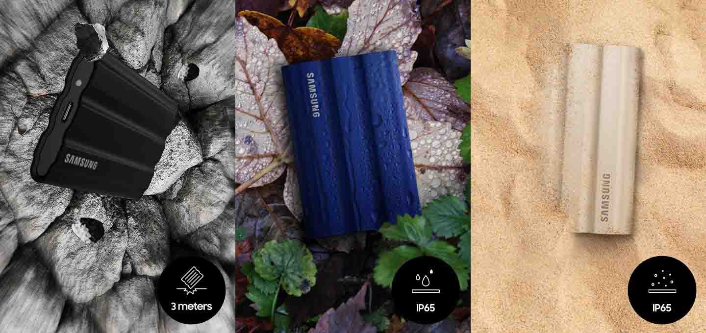 돌이 있는 배경에 외장 SSD 제품이 떨어지는 이미지와 오른쪽 하단 부분에 3 meters 텍스트와 제품이 떨어지져 충격을 받는 아이콘, 물방울이 맺친 나뭇잎 배경에 물방울이 맺힌 외장 SSD 제품 이미지와 오른쪽 하단 부분에 IP65 텍스트와 물방울이 떨어지는 아이콘, 모래에 파묻힌 외장 SSD 제품 정면 이미지와 오른쪽 하단에 IP65 텍스트와 모래가 떨어지는 아이콘이 왼쪽에서 오른쪽으로 나열되어있는 사진입니다.