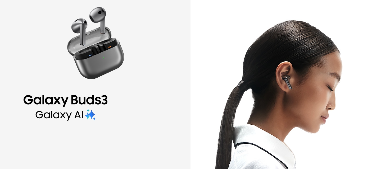좌측에 실버 컬러의 버즈3의 케이스 위로 이어버드 한쌍이 함께 떠있습니다. 알래에는 Galaxy Buds3, Galaxy Ai 텍스트가 있습니다. 우측 이미지에는 실버 컬러 버즈3를 낀 여성의 옆모습이 있습니다.