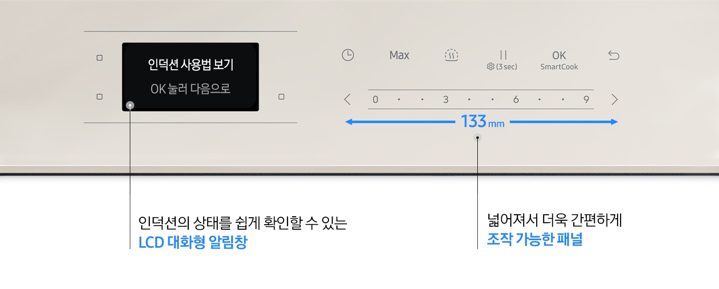 검은색 바 형태로 전기레인지 조작부가 크게 확대되어 보입니다. 왼쪽에는 LCD 대화형 알림 창이 보입니다. 알림 창 안에는 인덕션 사용법 보기, OK 눌러 다음으로 라는 문구가 적혀 있고 닷 형태의 표기 아래 인덕션의 상태를 쉽게 확인할 수 있는 LCD 대화형 알림 창이라는 설명이 적혀 있습니다. 오른쪽으로는 전기 레인지의 조작부가 보입니다. 타이머, Max, 가열, 일시정지, OK SmartCook, 되돌리기 화살표 아이콘이 좌에서 우로 순서대로 보이고 하단에는 < 0, 3, 6, 9 >에 따른 화력 조절 부위가 보입니다. 아래에는 갈색 화살표로 좌우로 넓어진 조작부가 강조되어 보이고 가운데에는 133mm라는 수치가 적혀있습니다. 닷 형태의 표기 아래 넓어져서 더욱 간편하게 조작 가능한 패널이라는 설명이 적혀 있습니다.