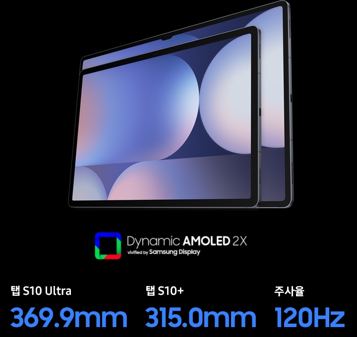 갤럭시 탭 S10+와 S10 Ultra는 가로 모드로 나란히 세워져 있으며, 두 기기의 크기 차이를 강조하기 위해 서로 가까이 배치되어 있습니다. 하단 왼쪽에는 생동감 넘치는 다이나믹 아몰레드 2X 삼성 디스플레이 로고가 표시되어 있고, 탭 S10 Ultra 14.6인치, Tab S10+ 12.4인치, 재생률 120Hz라는 텍스트가 적혀 있습니다.