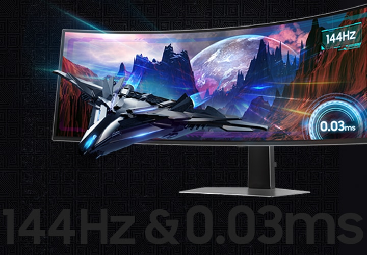 모니터가 보여지며 144HZ & 0.03ms 문구가 모니터 아래 흐릿하게 보여지며 모니터에는 비행기 게임이 144hz에 0.03ms 속도로 보여지는 듯한 화면이 보여집니다.
