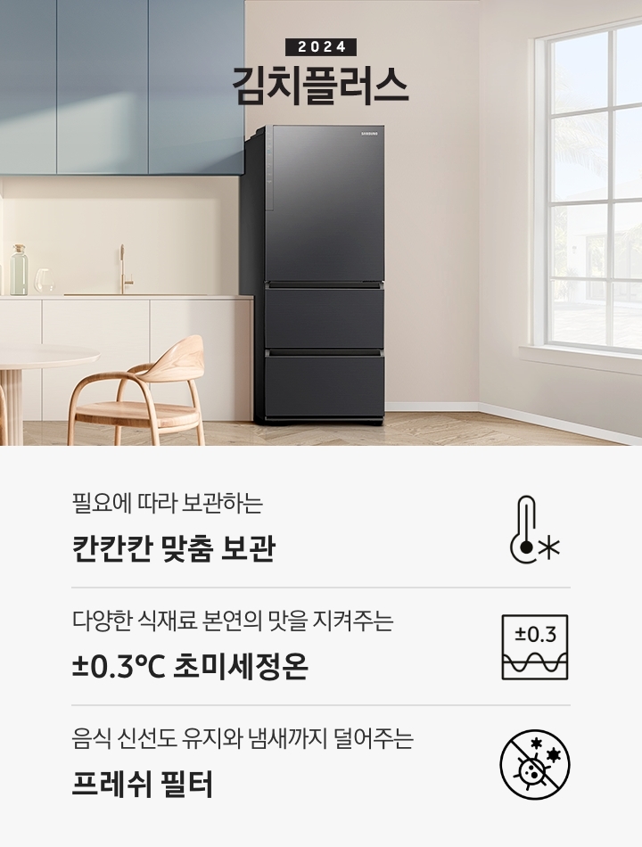 2024 김치플러스 KV 인테리어컷 입니다. 좌측에는 3도어 김치냉장고가 배치되어 있으며,  냉장고 우측에는 흰색 프레임의 창문이 설치되어 있습니다. 냉장고 좌측에는 하늘색 상판의 상부장이 설치되어 있으며,  상부장 아래는 병 오브제 3개와 금색의 수전,  하얀색 상판의 하부장이 설치되어 있습니다.  주방가전의 앞쪽으론 우드 소재의 테이블과 의자 4개가 있습니다. 인테리어컷 하단에는 3POD가 나와있습니다. 좌측부터 필요에 따라 보관하는 칸칸칸 맞춤 보관 아이콘과 문구, 다양한 식재료 본연의 맛을 지켜주는 ±0.3℃ 초미세정온 아이콘과 문구, 음식 신선도 유지와 냄새까지 덜어주는 프레쉬 필터 아이콘과 문구가 나와있습니다.