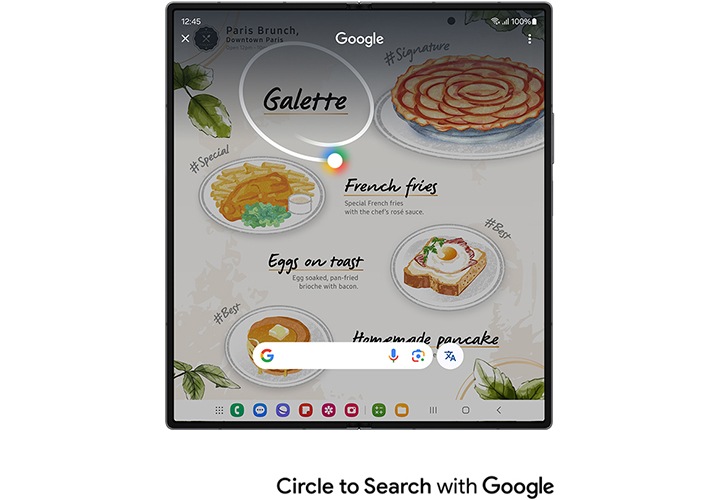 레스토랑 메뉴가 펼쳐져 있습니다. S펜으로 'Galette' 텍스트에 동그라미를 그립니다. 서클 투 서치 with Google 팝업에 검색 결과가 표시됩니다. 서클 투 서치 with Google 로고가 있습니다.