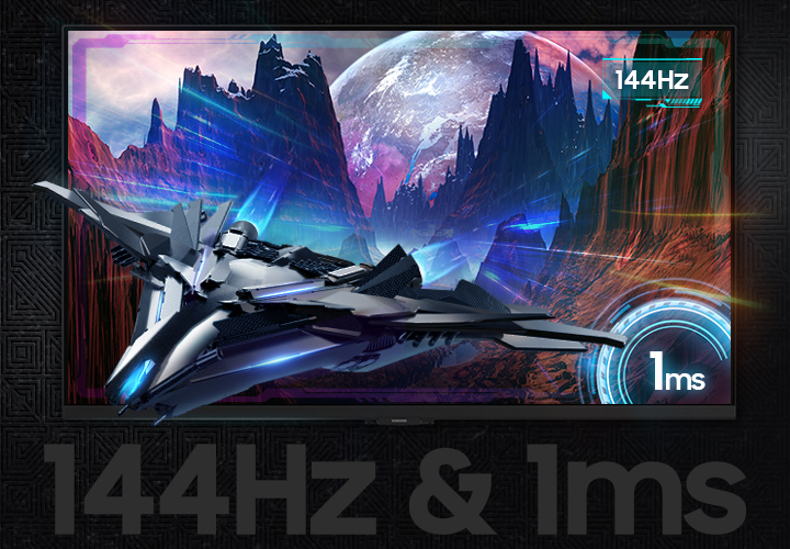 144Hz & 0.03ms 문구가 모니터 아래 흐릿하게 보여지며 모니터에는 비행기 게임이 144Hz에 0.03ms 속도로 보여지는 듯한 화면이 보여집니다.