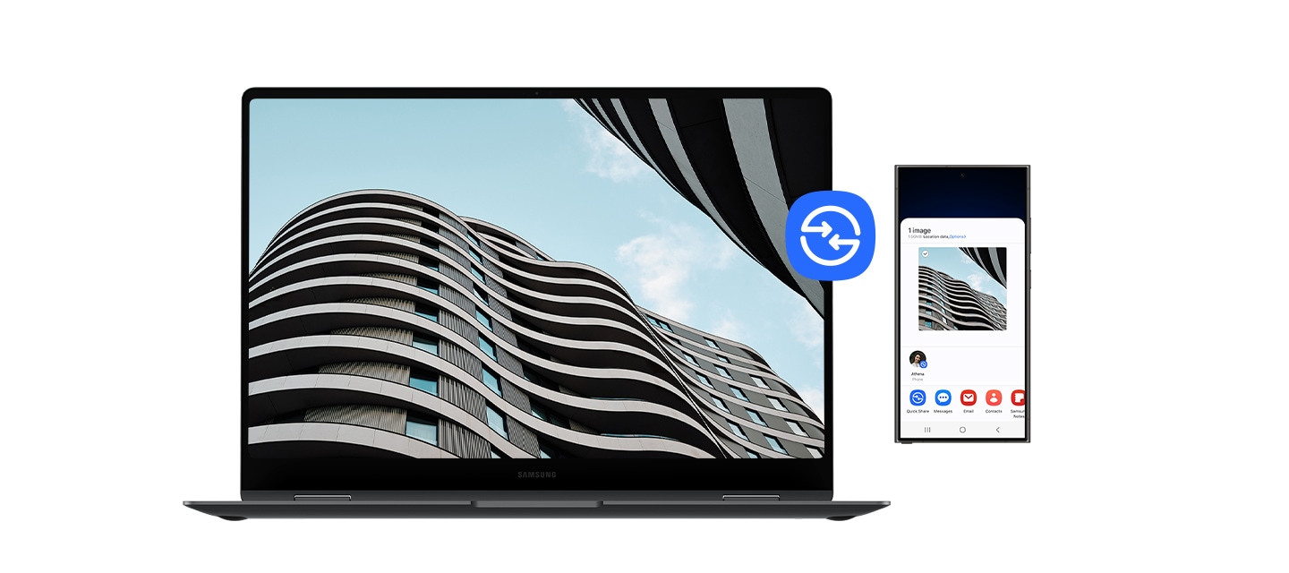 갤럭시 S24 Ultra에서 선택한 탁상 위 꽃병 이미지를 퀵 쉐어를 통해 갤럭시 북5 Pro 360에 공유하는 모습입니다. 갤럭시 북5 Pro 360에서 공유된 이미지를 전체 화면으로 열어 편집할 수 있다는 것을 강조합니다.
