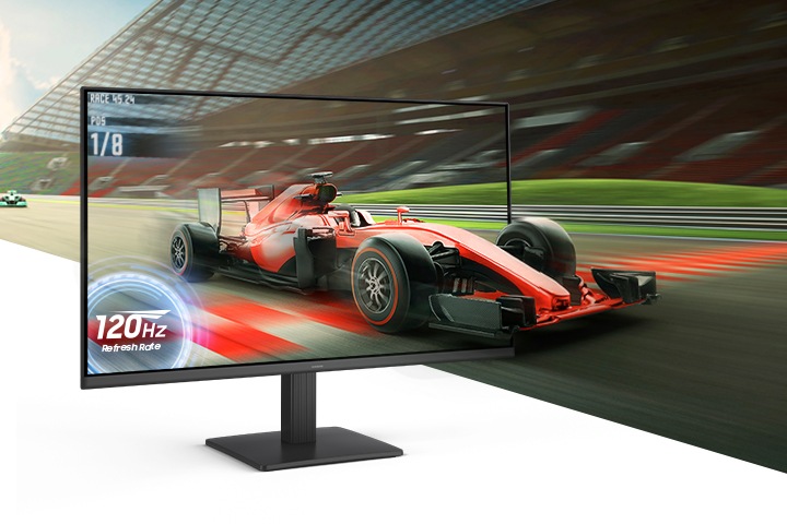 레이싱 경기장에서 경주하고 있는 레이싱카의 역동적인 장면이 보이고, 모니터 화면의 왼쪽 아래엔 120Hz REFRESH RATE 라는 문구가 보입니다..