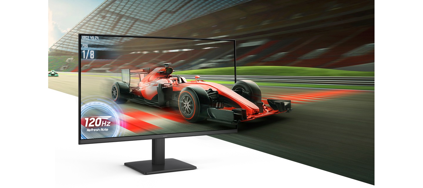 레이싱 경기장에서 경주하고 있는 레이싱카의 역동적인 장면이 보이고, 모니터 화면의 왼쪽 아래엔 120Hz REFRESH RATE 라는 문구가 보입니다..