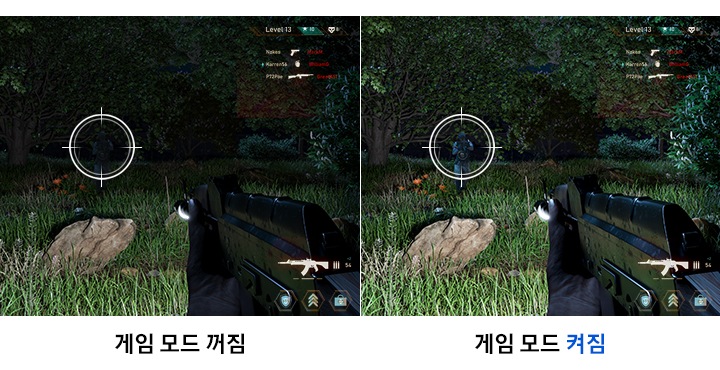 어두운숲에서 총을 들고 조준하는 게임 화면이 왼쪽, 오른쪽에 각각 보입니다. 왼쪽의 게임 화면은 상대적으로 적군을 식별하기 어려울 정도로 화면이 어두우며, 이미지 아래엔 게임 모드 꺼짐 이라는 문구가 보입니다. 오른쪽의 게임 화면은 상대적으로 또렷하게 적군을 식별할 수 있게 보이며, 이미지 아래엔 게임 모드 켜짐 이라는 문구가 보입니다.