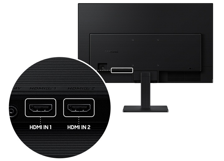 모니터의 뒷면이 보입니다. 왼쪽에는 모니터의 포트 부분이 확대되어 있습니다. 확대된 포트 이미지에는 2개의 포트가 보입니다. 왼쪽과 오른쪽 포트에 HDMI 라는 문구가 보입니다.