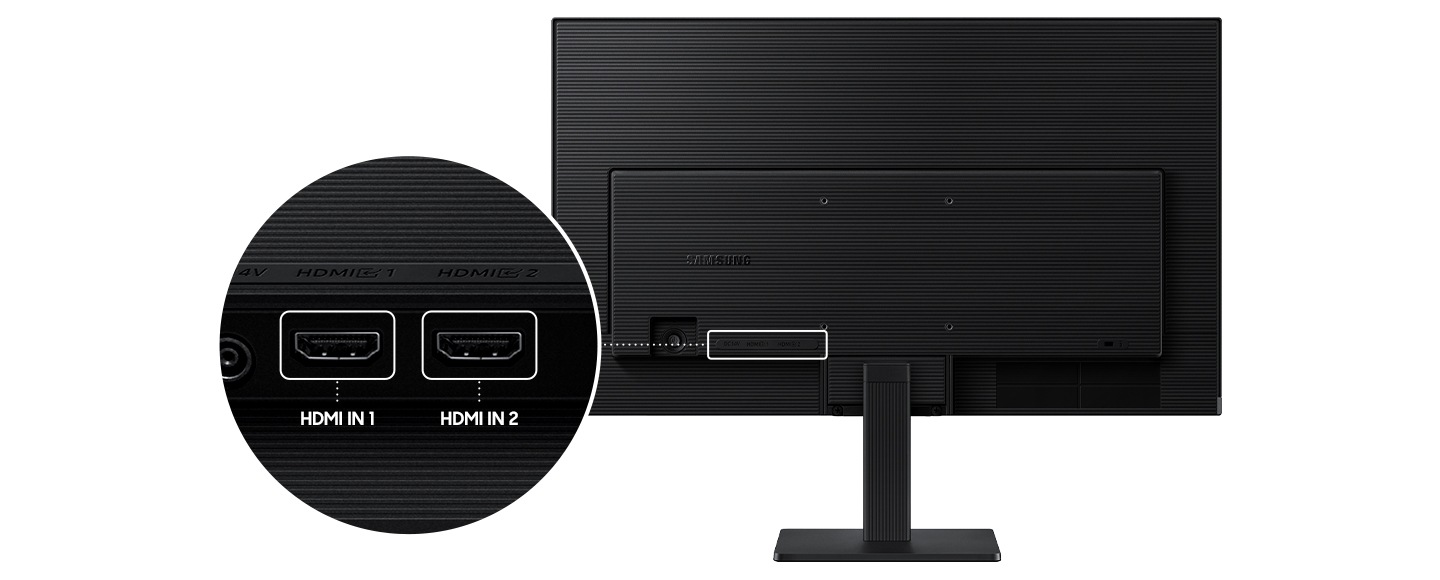 모니터의 뒷면이 보입니다. 왼쪽에는 모니터의 포트 부분이 확대되어 있습니다. 확대된 포트 이미지에는 2개의 포트가 보입니다. 왼쪽과 오른쪽 포트에 HDMI 라는 문구가 보입니다.