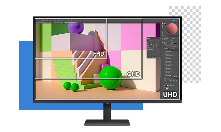 QHD / FHD / UHD해상도를 비교한 모습을 보여주고 있습니다. 모니터 화면에는 포토샵을 이용하여 디자인 작업중인 모습을 보여주고 있습니다.