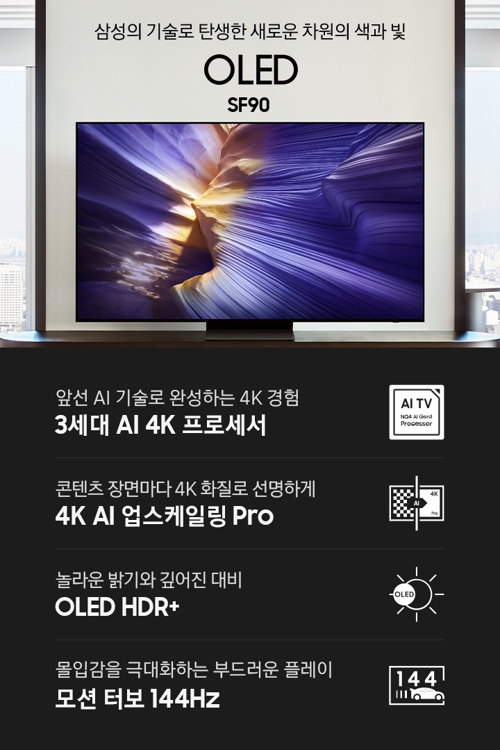 장식장 위에 TV가 설치되어 있습니다. 삼성의 기술로 탄생한 새로운 차원의 색과 빛 OLED SF90 KV입니다. 하단에는 앞선 AI 기술로 완성하는 4K 경험 3세대 AI 4K 프로세서, 콘텐츠 장면마다 4K 화질로 선명하게 4K AI 업스케일링 Pro, 놀라운 밝기와 깊어진 대비 OLED HDR+, 몰입감을 극대화하는 부드러운 플레이 모션 터보 144Hz 문구와 아이콘이 있습니다.