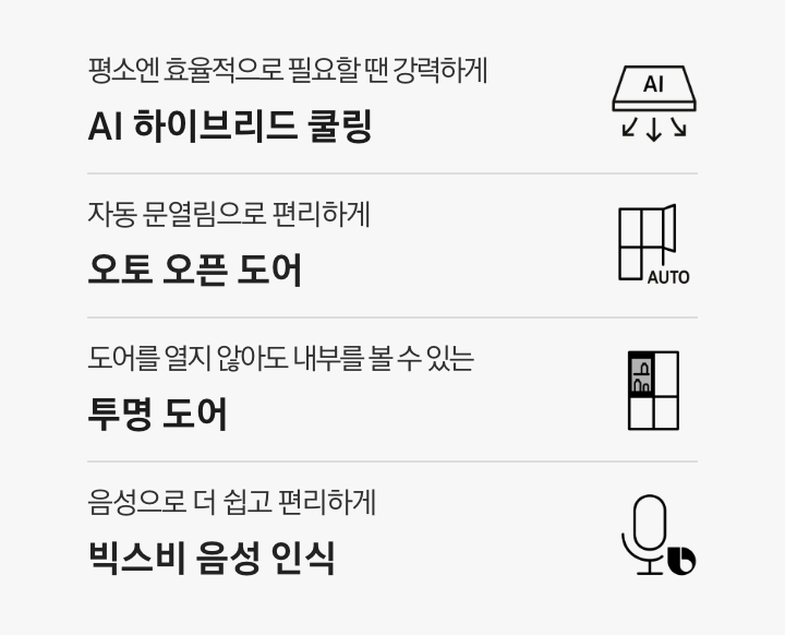 평소엔 효율적으로 필요할 땐 강력하게 AI 하이브리드 쿨링 문구와 아이콘, 자동 문열림으로 편리하게 오토 오픈 도어 문구와 아이콘, 도어를 열지 않아도 내부를 볼 수 있는 투명 도어 문구와 아이콘, 음성으로 더 쉽고 편리하게 빅스비 음성 인식 문구와 아이콘