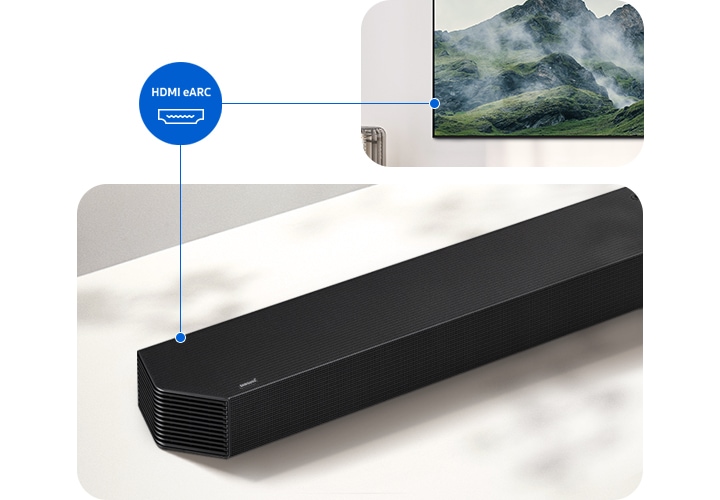 TV와 사운드바가 연결되어 있습니다. 그 사이에는 HDMI Earc 아이콘이 보입니다.