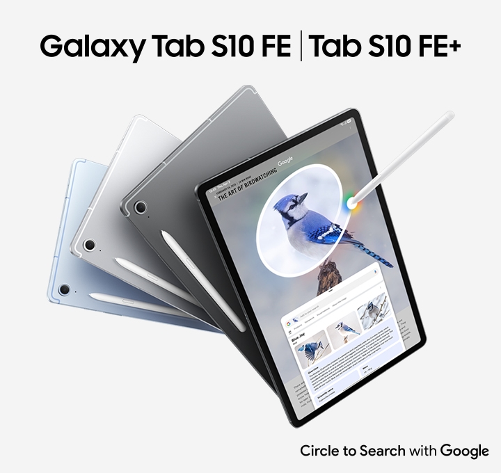 이미지 상단에는 '갤럭시 탭 S10 FE'와 '탭 S10 FE+'라고 쓰여 있습니다. 네 개의 갤럭시 탭 S10 FE 시리즈가 표시되어 있으며, 세 개는 뒤에서 보이고 한 개는 화면을 앞을 향하고 있습니다. 화면에는 Google에서 S펜으로 동그라미를 그리고 있습니다. Google 검색 결과에는 이미지에 대한 세부 정보가 표시됩니다. 우측 하단에는 Circle to Search with Google 이라는 텍스트가 쓰여있습니다.