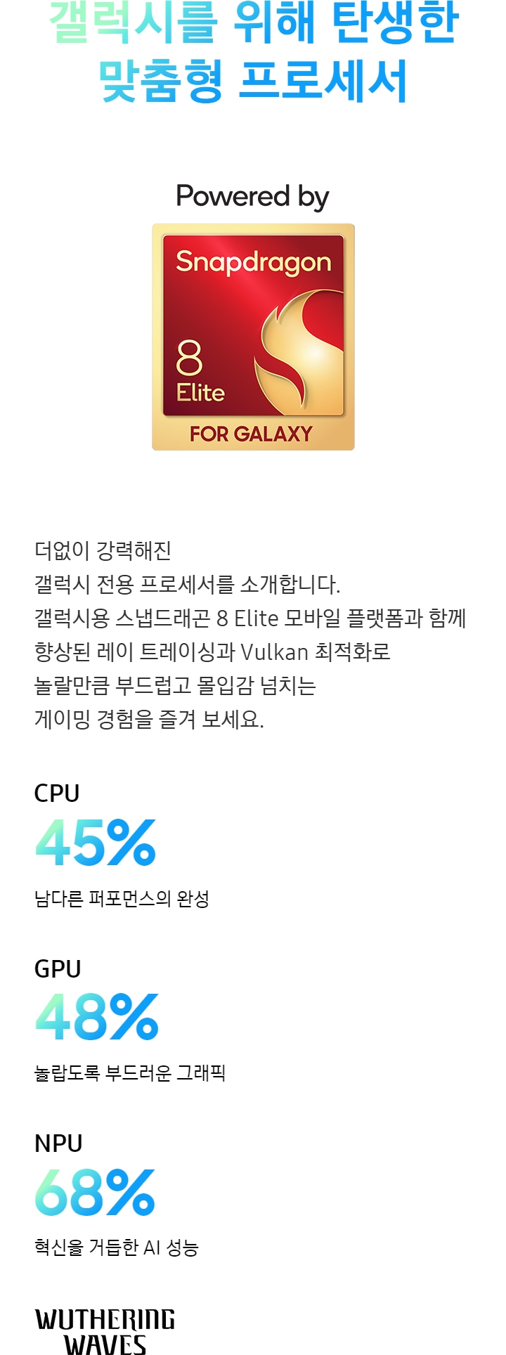 갤럭시용 맞춤형 프로세서 칩 보드가 보입니다. 갤럭시용 스냅드래곤 8 Elite입니다. 더없이 강력해진 갤럭시 전용 프로세서를 소개합니다. 갤럭시용 스냅드래곤 8 Elite 모바일 플랫폼과 함께 향상된 레이 트레이싱과 Vulkan 최적화로 놀랄만큼 부드럽고 몰입감 넘치는 게이밍 경험을 즐겨 보세요. Wuthering Waves game 로고 입니다.