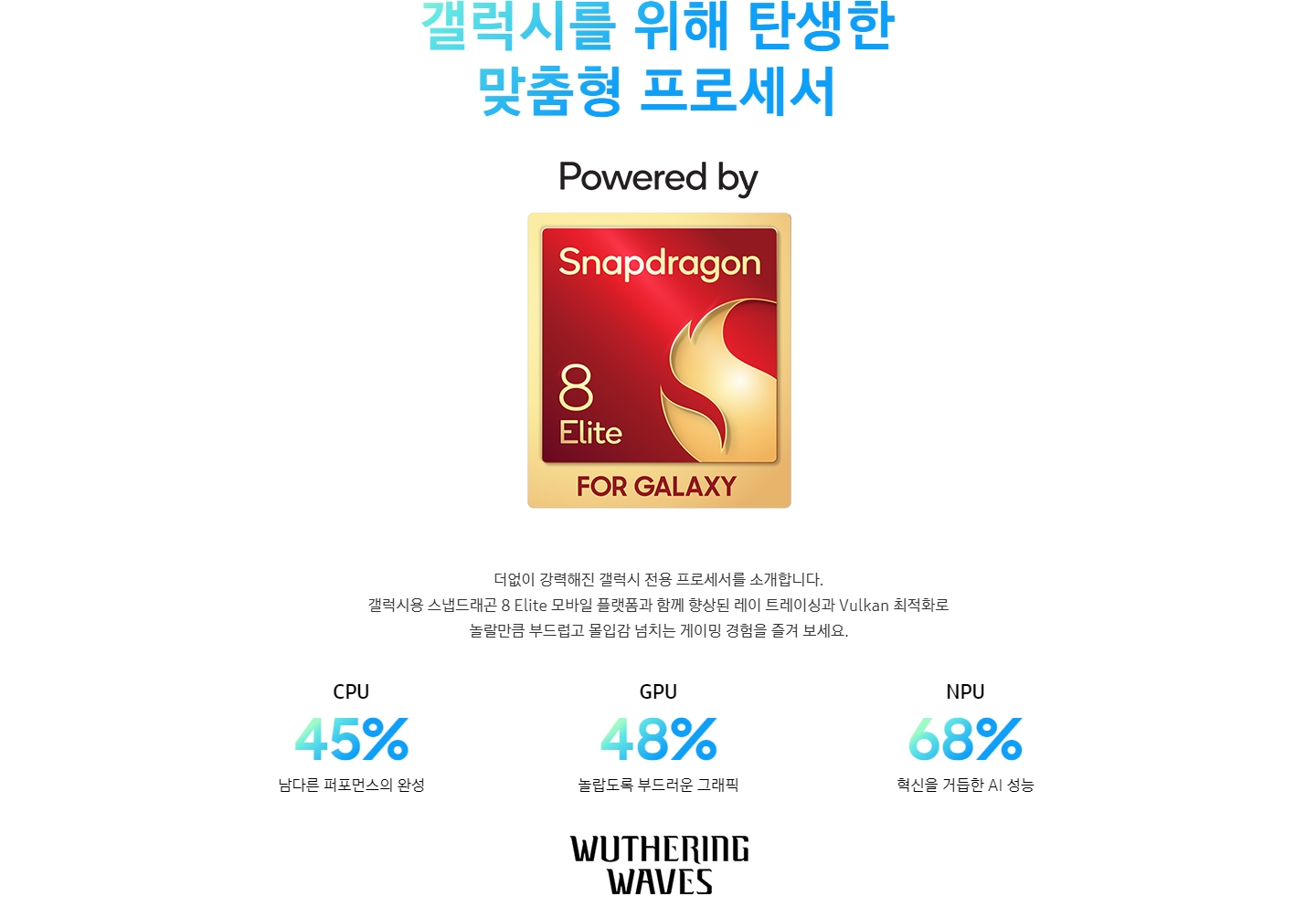 갤럭시용 맞춤형 프로세서 칩 보드가 보입니다. 갤럭시용 스냅드래곤 8 Elite입니다. 더없이 강력해진 갤럭시 전용 프로세서를 소개합니다. 갤럭시용 스냅드래곤 8 Elite 모바일 플랫폼과 함께 향상된 레이 트레이싱과 Vulkan 최적화로 놀랄만큼 부드럽고 몰입감 넘치는 게이밍 경험을 즐겨 보세요. Wuthering Waves game 로고 입니다.