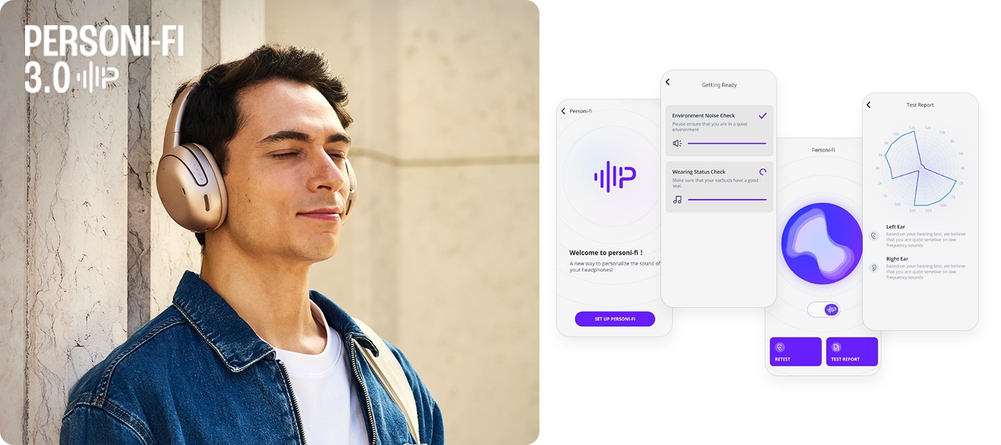 왼쪽에는 헤드폰을 착용한 남성이 눈을 감고 서 있습니다. 오른쪽에는 Personi-Fi 3.0 앱 화면이 보입니다.