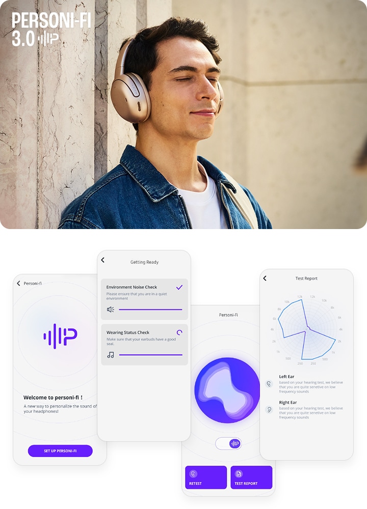왼쪽에는 헤드폰을 착용한 남성이 눈을 감고 서 있습니다. 오른쪽에는 Personi-Fi 3.0 앱 화면이 보입니다.
