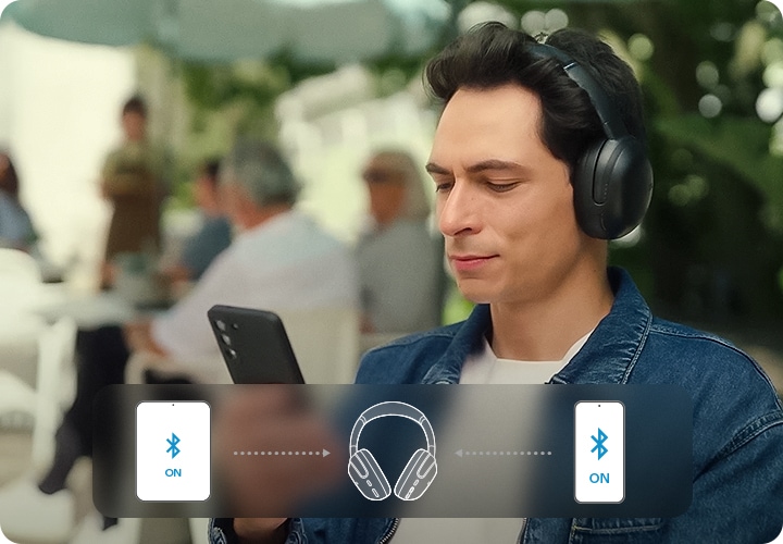 헤드폰을 착용한 남성이 스마트폰을 보고 있습니다. 하단에는 태블릿과 스마트폰 연결이 자유롭게 가능함을 보여주는 이미지가 있습니다.