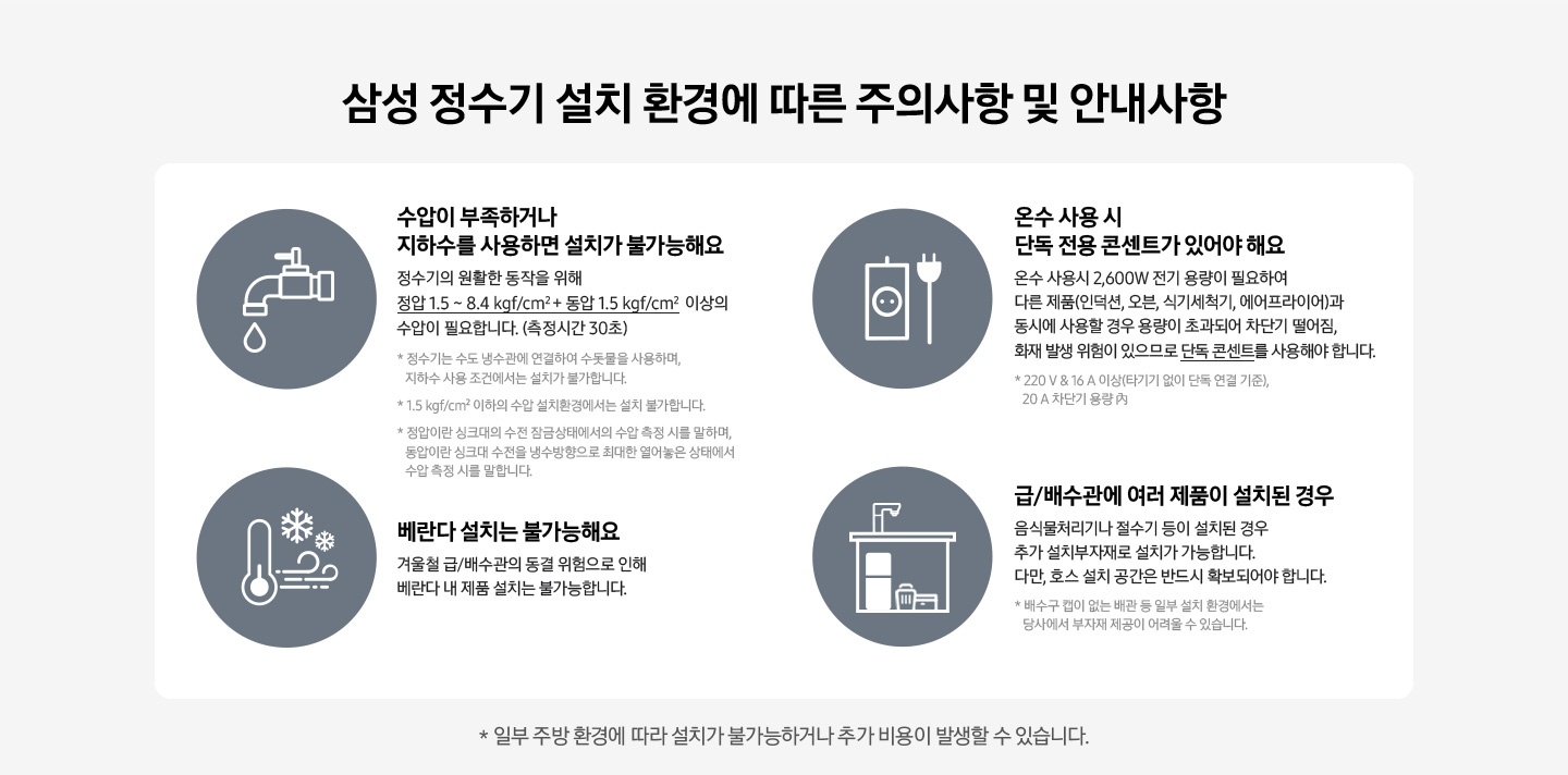 수압이 부족하거나 지하수를 사용하면 설치가 불가능해요. 온수 사용 시 단독 전용 콘센트가 있어야 해요. 베란다 설치는 불가능해요. 급/배수관에 여러 제품이 설치된 경우 추가 설치부자재로 설치가 가능합니다. 다만, 호스 설치 공간은 반드시 확보되어야 합니다. * 일부 주방 환경에 따라 설치가 불가능하거나 추가 비용이 발생할 수 있습니다.