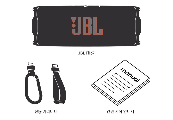 스피커 패키지 구성품이 보입니다. 왼쪽에서부터 JBL Flip, 전용 카라비너, 간편 시작 안내서 아이콘이 보입니다.