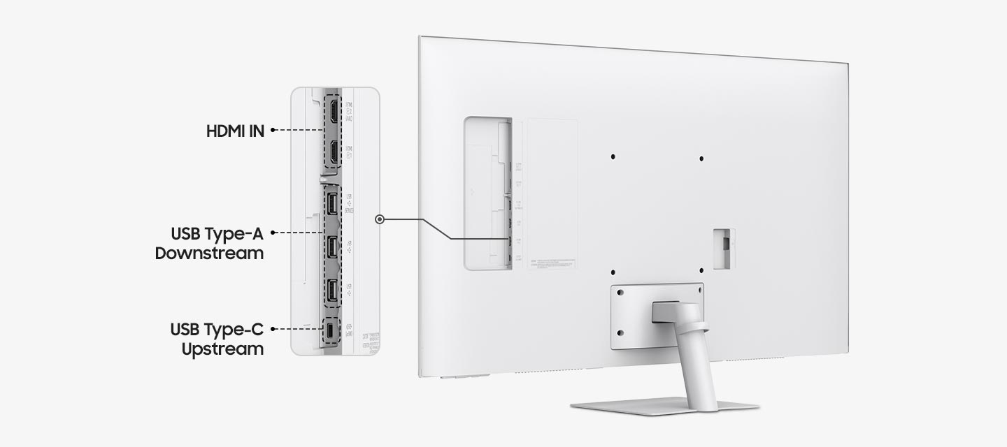 모니터의 뒷면을 보여줍니다. USB-C, HDMI 및 USB-A 포트를 보여줍니다.