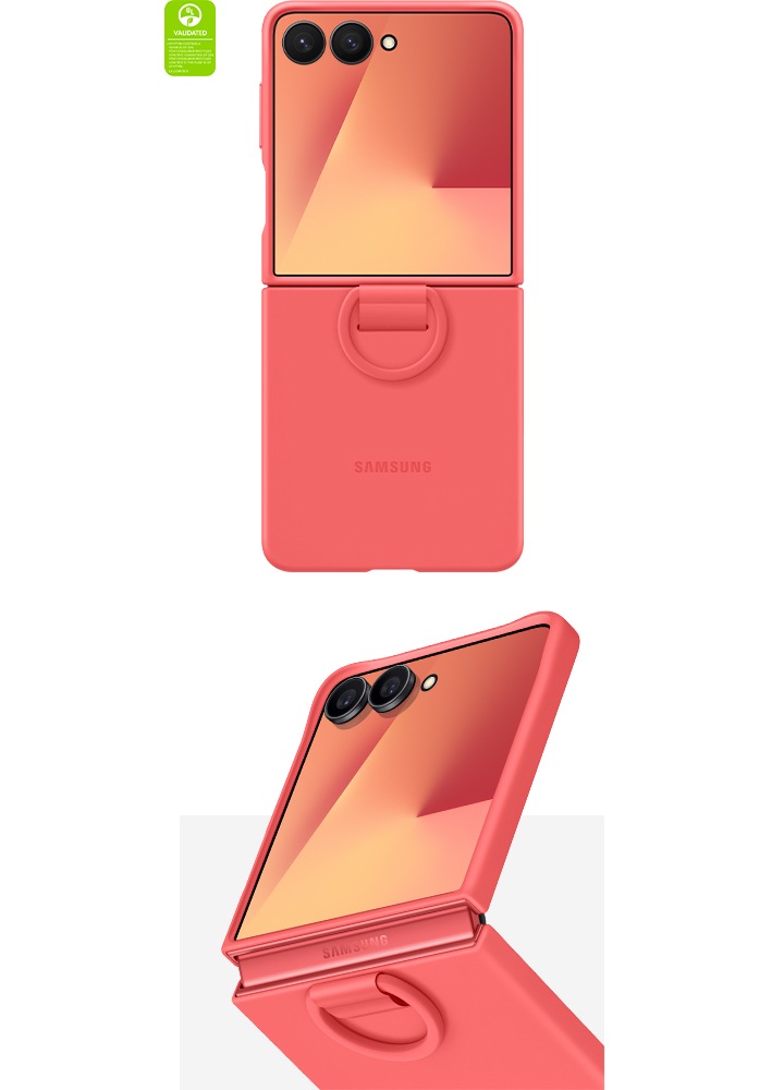 갤럭시 Z 플립7이 레드 색상의 실리콘 with 링 케이스와 함께 펼쳐져 있습니다. 동일한 실리콘 with 링 케이스를 장착한 갤럭시 Z 플립7이 플렉스 모드로 비스듬히 클로즈업된 모습입니다. 슬림한 케이스와 카메라 주변의 추가 보호 디자인, 힌지 근처의 휴대가 편리한 링을 강조하기 위해 확대됩니다. '케이스는 최소 23%의 재활용 소재를 포함하고 있으며, 케이스에 사용된 플라스틱은 32%의 재활용 소재를 포함하고 있습니다. UL.COM/ECV'라고 적힌 UL 인증이 표시되어 있습니다.