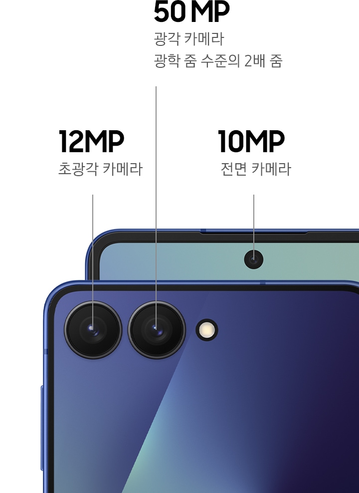 갤럭시Z 플립7의 뒷면과 메인 디스플레이의 카메라 렌즈가 클로즈업 된 채로 나타납니다.