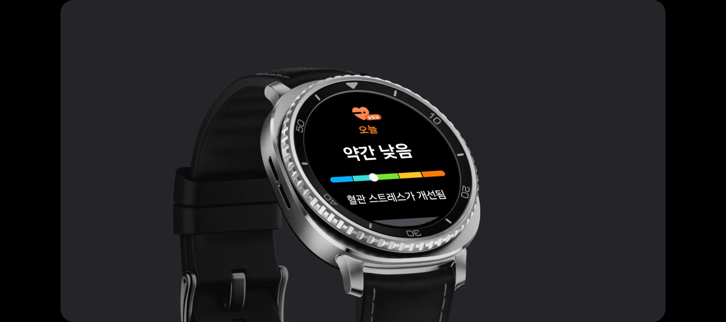 혈관 스트레스 기능이 화면에 표시되고 관련 그래프와 '변화 없음'이라는 텍스트가 나타납니다. 이어 혈관 부하가 일정하다는 텍스트가 표시됩니다.