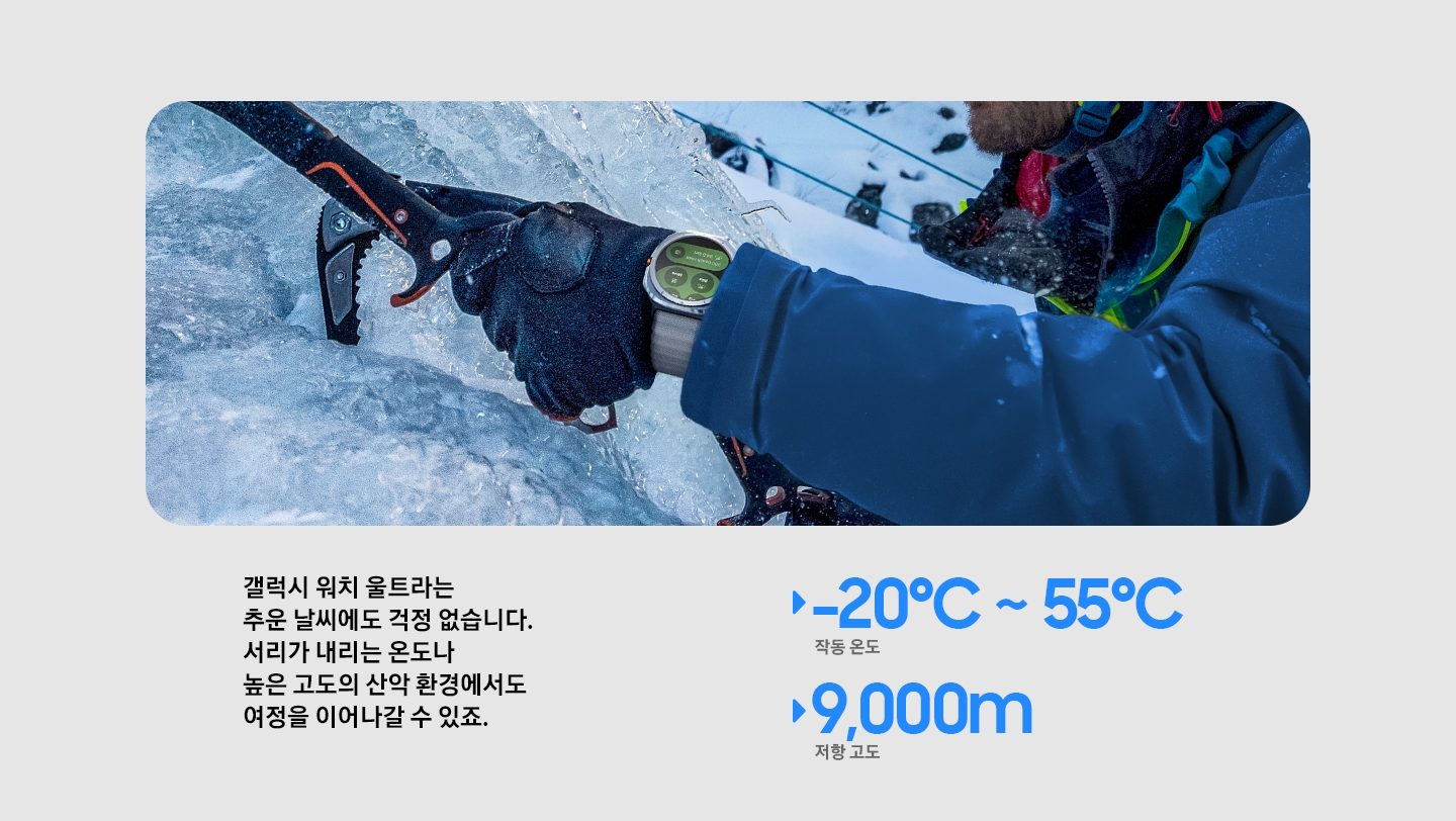 한 손에 빙산 등반 장비가 들려있고, 갤럭시 워치 울트라를 착용한 모습을 클로즈업합니다.
