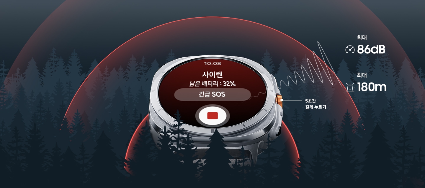 갤럭시 워치 울트라에 '사이렌', '배터리:32%', '긴급 SOS' 문구와 정지 버튼이 있는 사이렌 화면이 표시되어 있습니다. 소리를 나타내는 파동이 워치에서 숲 사이로 퍼져 나가고 있습니다.