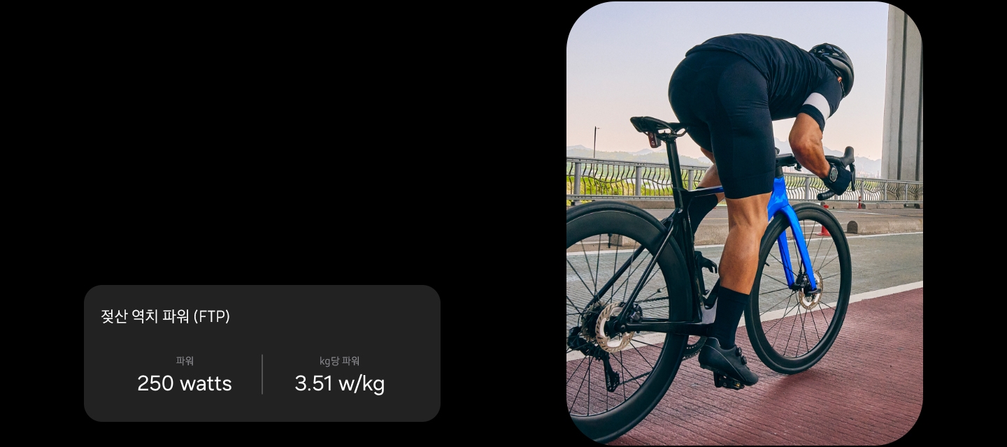 FTP 통계를 보여주는 카드에 젖산 역치 파워 (FTP)에 대한 설명으로 파워 '250 watts', kg 당 파워 '3.51 w/kg' 문구가 보여집니다. 도로 경주용 자전거를 탄 남성이 자전거 도로를 따라 이동하고 있습니다.