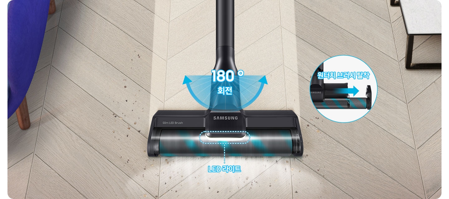 밝은 원목 컬러의 헤링본 패턴의 마루가 보이며 왼쪽에는 소파의 하단부, 오른쪽에는 작은 테이블의 하단부가 보입니다. 이미지 중앙으로 슬림 LED 마루 브러시로 바닥을 청소하는 모습입니다. 브러시가 지나 간 부분은 환해진 모습으로 청소가 완벽해진 모습을 표현하고 있습니다. 브러시 헤드에는 LED 라이트가 켜져 있고 파란색 점선과 폰트로 LED 라이트 위치를 표시하고 있습니다. 청소기 스틱과 브러시 사이에는 180˚ 회전 문구와 회전 가능 범위를 파란색 화살표와 텍스트 효과로 안내하고 있습니다. 브러시 오른쪽 원형 박스에는 원터치 브러시 탈착 문구와 함께 왼쪽에서 오른쪽으로 향하는 파란색 화살표를 이용해 내부 브러시 탈착 방향을 안내하고 있습니다.