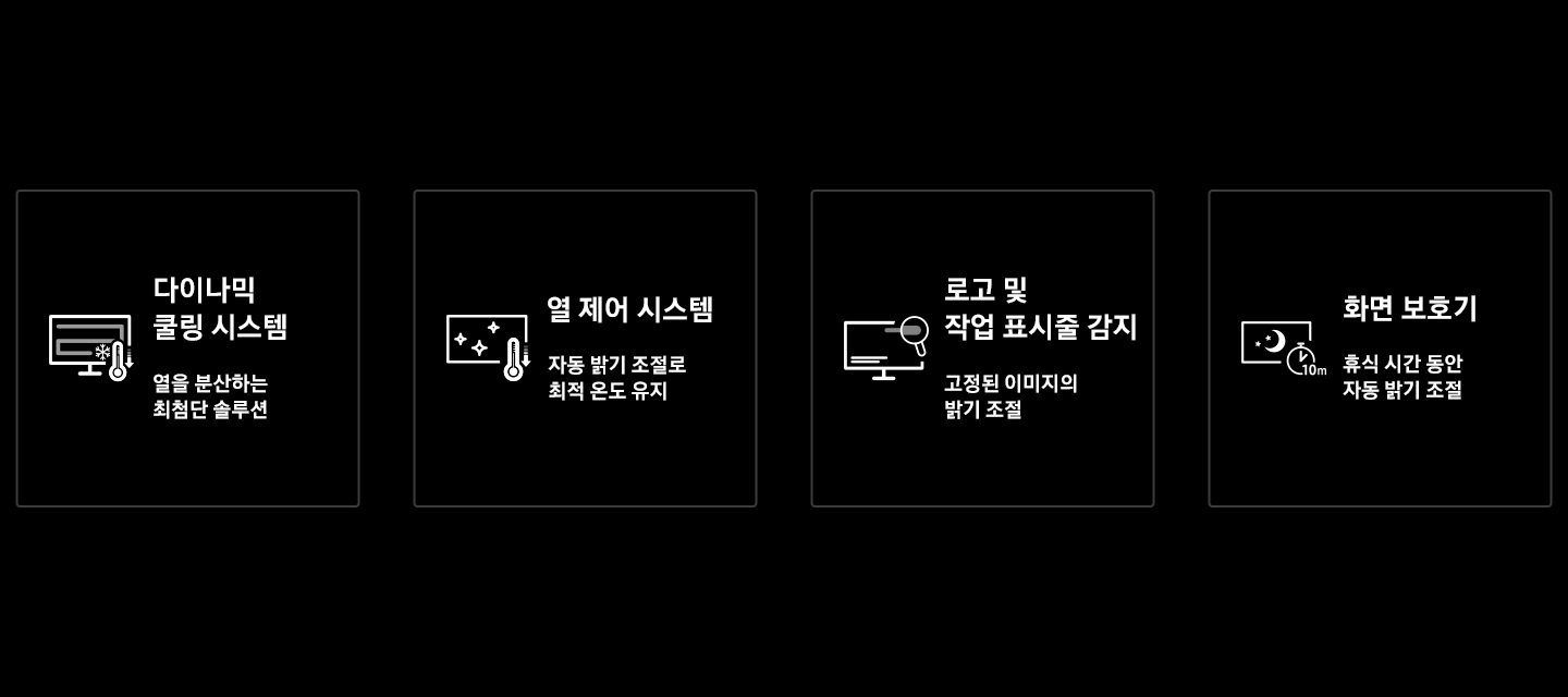 삼성 OLED 세이프가드+의 네가지 기능을 보여줍니다 첫번째는 다이나믹 쿨링 시스템, 두번쨰는 열 제어 시스템, 세번쨰는 로고 및 작업 표시줄 감시 네번째는 화면 보호기 입니다.