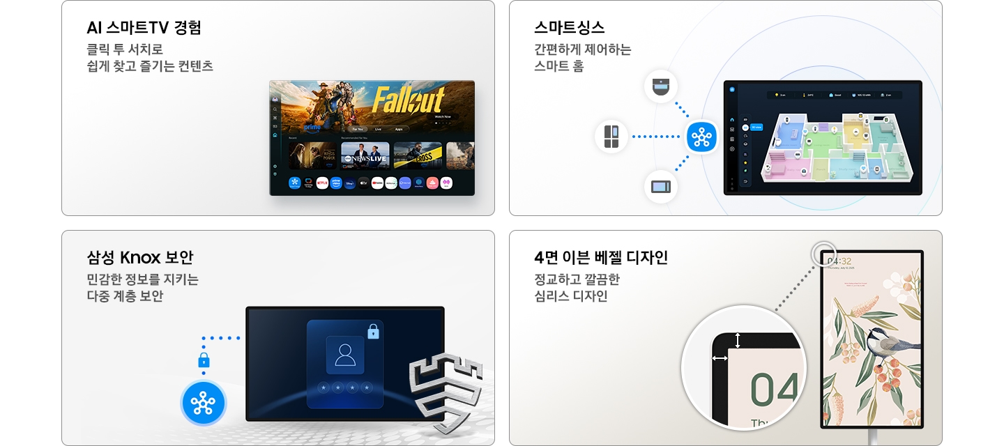 스마트 모니터의 4가지 특장점을 보여줍니다. 첫번째는 AI 스마트TV 경험이며, 틀릭 투 서치로 쉽게 찾고 즐기는 컨텐츠라고 설명하고 있습니다. 우측 하단에는 스마트 TV 앱 화면이 보여집니다. 두번째는 스마트싱스이고, 간편하게 제어하는 스마트 홈이라고 설명하고 있습니다. 우측 하단에는 집의 구조를 보여주는 조감도 화면이 표시되며, 그 옆에 스마트싱스 아이콘이 보여집니다. 주변에는 파동을 나타내는 원이 있습니다. 세번째는 삼성 Knox 보안이며, 민감한 정보를 지키는 다중 계층 보안이라고 설명합니다. 우측 하단에는 삼성 Knox 보안 아이콘과 잠금을 해제하는 화면이 표시되어 있고, 그 옆에 스마트싱스 아이콘이 보여집니다. 마지막으로, 4면 이븐 베젤 디자인이고, 정교하고 깔끔한 심리스 디자인이라고 설명하고 있습니다. 우측 하단에는 배경화면이 화면에 표시된 무빙스타일의 좌측 상단 모서리에 원이 보여지며, 그 원에서 화살표로 베젤을 강조하는 모습이 확대되어 보입니다.
