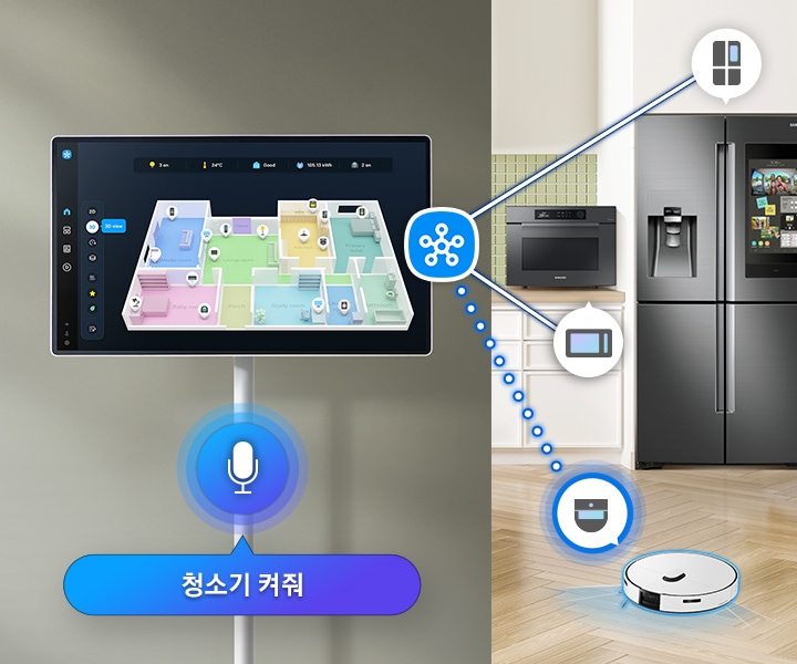 스마트싱스 기능으로 홈 기기의 위치와 긴밀히 연결되어 있음을 보여줍니다.