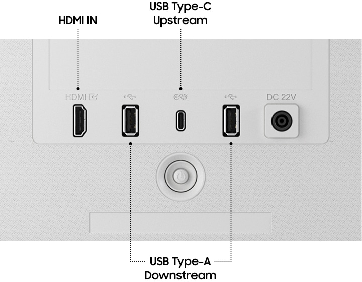 모니터의 뒷면을 보여줍니다. USB-C, HDMI 및 USB-A 포트를 보여줍니다.