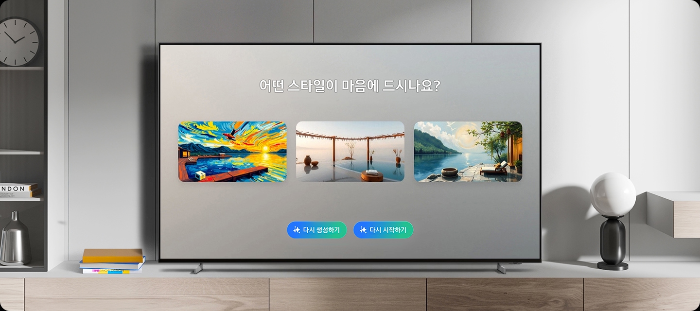 TV 화면 속에는 세가지 이미지가 보입니다. 첫번째는 풍경화 그림이 보이며, 두번째와 세번째는 휴양지의 모습이 보입니다. 세가지 이미지 위에는 '어떤 스타일이 마음에 드시나요?' 문구가 보이고, 이미지 하단에는 '다시 생성하기' 다시 시작하기' 버튼이 보입니다.