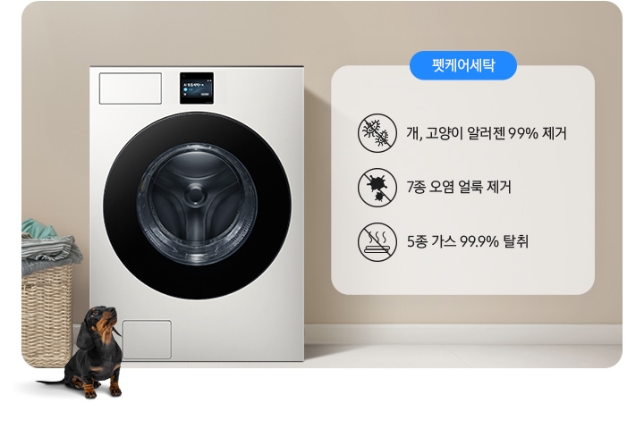 세탁기가 중앙에 설치되어 있고 좌측에 라탄 바구니 안에 빨랫감이 들어있습니다. 세탁기 앞에는 닥스훈트 강아지가 있는 연출된 이미지 입니다. 펫케어 코스-개/고양이 알러젠 99% 제거 문구와 아이콘, 7종 오염 얼룩 제거 문구와 아이콘, 5종 가스 99.9% 탈취 문구와 아이콘이 나와있습니다.