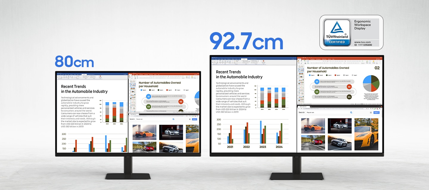 80cm 모니터와 92.7cm 모니터를 나란히 두고 차이를 비교하여 보여줍니다