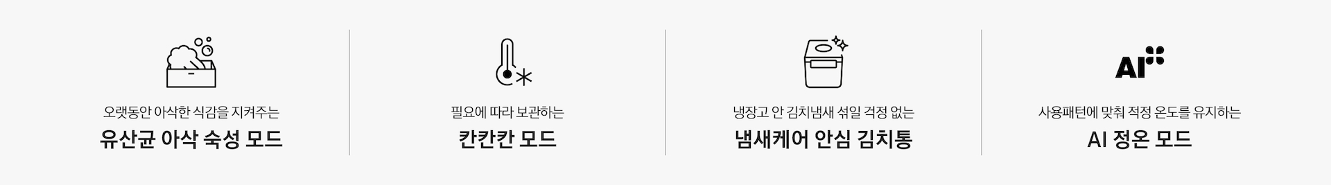 오랫동안 아삭한 식감을 지켜주는 유산균 아삭 숙성 모드 아이콘과 문구, 필요에 따라 보관하는 칸칸칸 모드 아이콘과 문구, 냉장고 안 김치냄새 섞일 걱정 없는 냄새케어 안심 김치통 아이콘과 문구, 사용패턴에 맞춰 적정 온도를 유지하는 AI 정온 모드 아이콘과 문구가 나와있습니다.