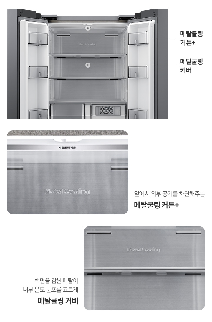 우측에는 김치냉장고 상칸이 오픈되어 제품 내부 위쪽에서부터 메탈쿨링 커튼+, 메탈쿨링 커버의 위치를 가르키는 선과 함께 문구가 쓰여있는 이미지입니다. 이미지 아래는 좌측부터 김치냉장고 내상 메탈쿨링 커튼+부분이 확대되어 있는 이미지로 내상에 냉기가 감도는 연출된 이미지 입니다. 커튼+ 이미지 아래에는 앞에서 외부 공기를 차단해주는  메탈쿨링 커튼+ 문구가 나와있습니다. 두번째로 김치냉장고 내상 메탈쿨링 커버 부분이 확대되어있는 이미지입니다.커버 이미지 아래에는 벽면을 감싼 메탈이 내부 온도 분포를 고르게 메탈쿨링 커버 문구가 나와있습니다.